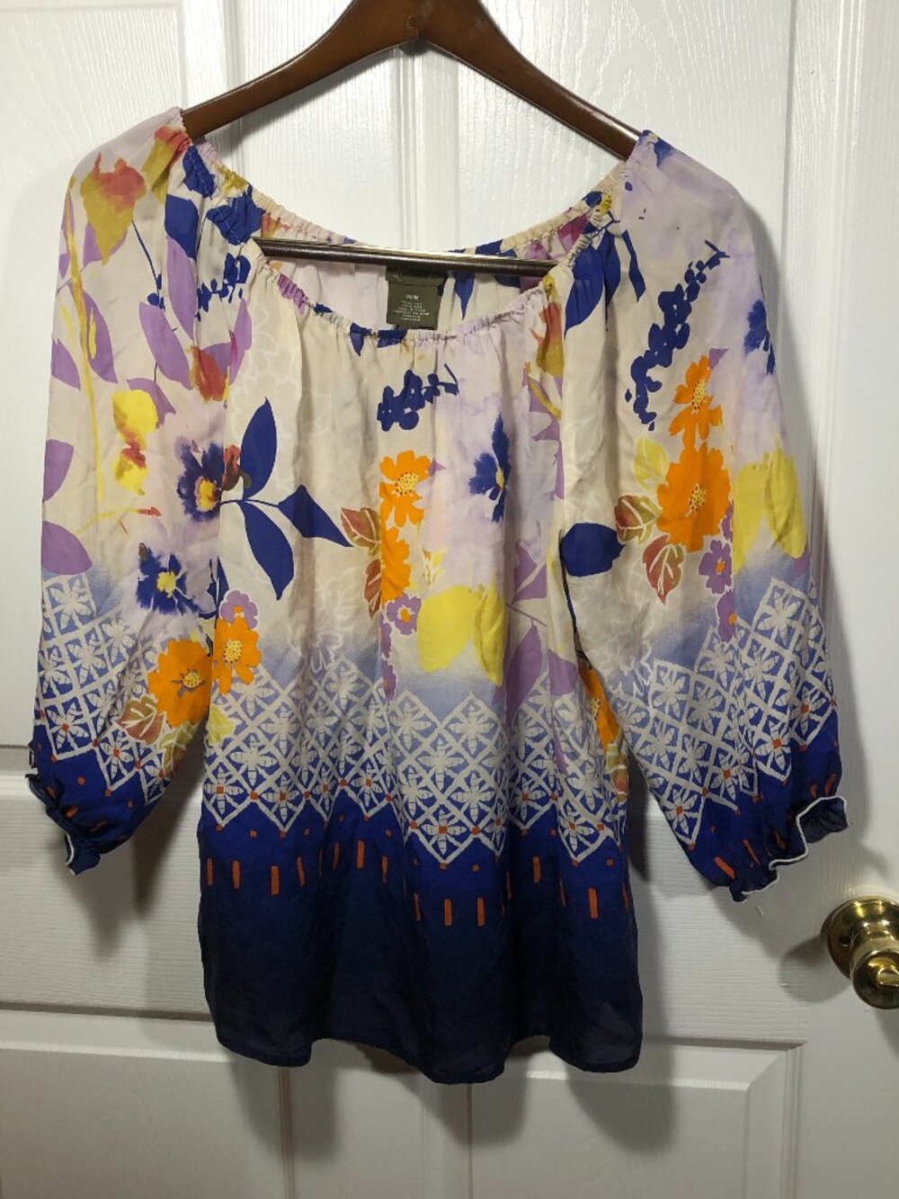 Fei Anthropologie women blue and yellow off-shoulder 100%silk blouse, size M